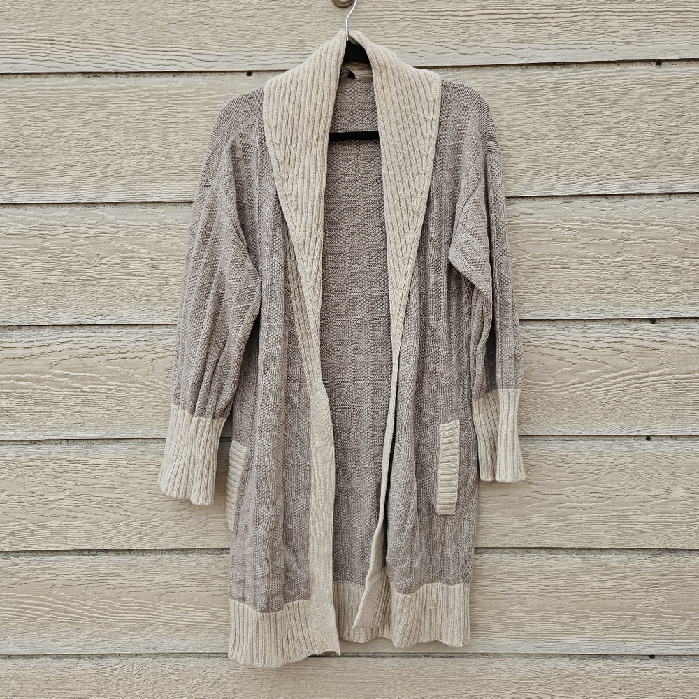 Weekend Max Mara tan long line cardigan with cream trim wool blend large